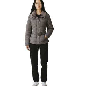 New York & Company Gray Quilted Belted Puffer Jacket with Faux Fur Collar